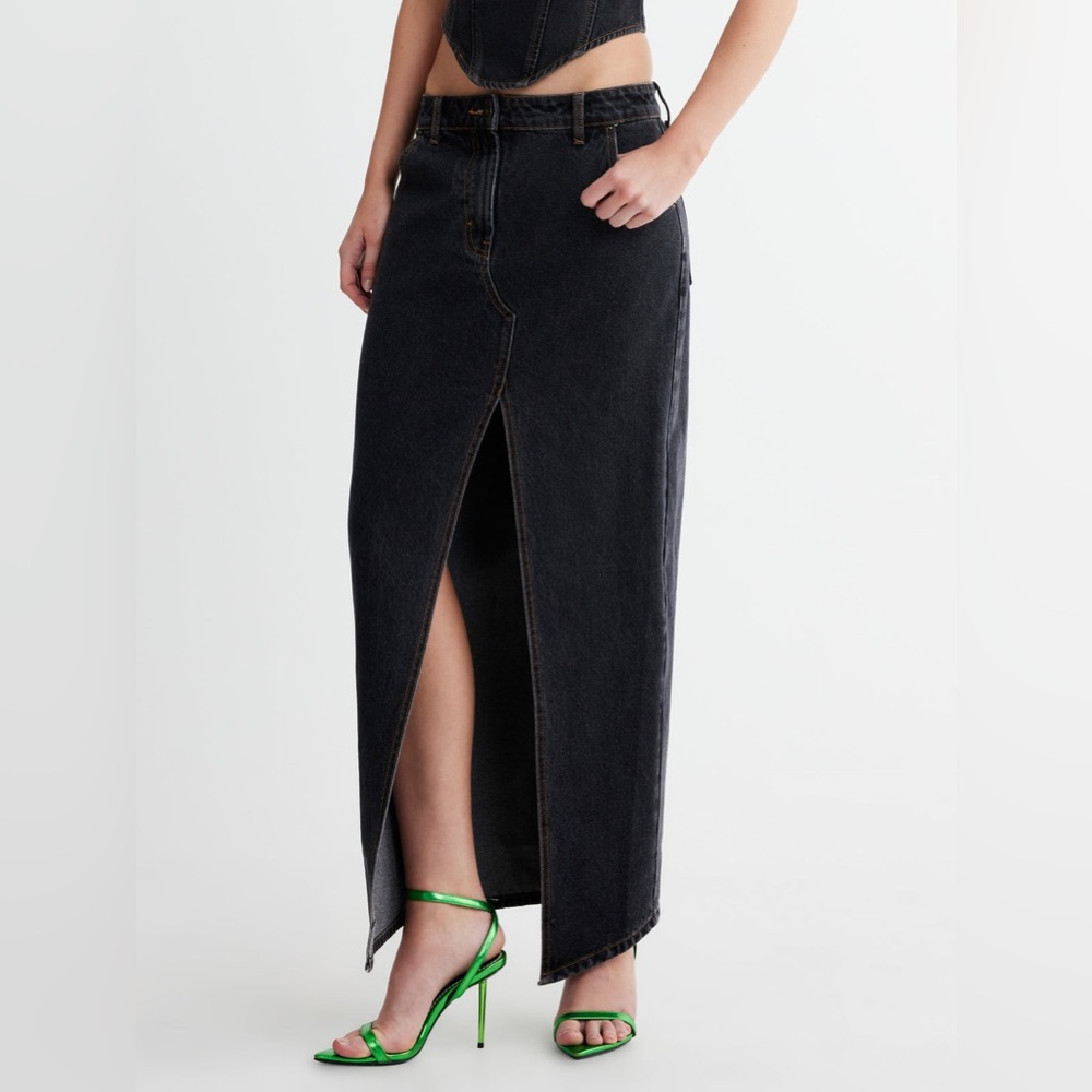 NWT LIONESS “Barbie” Split Midi Skirt in Charcoal Denim